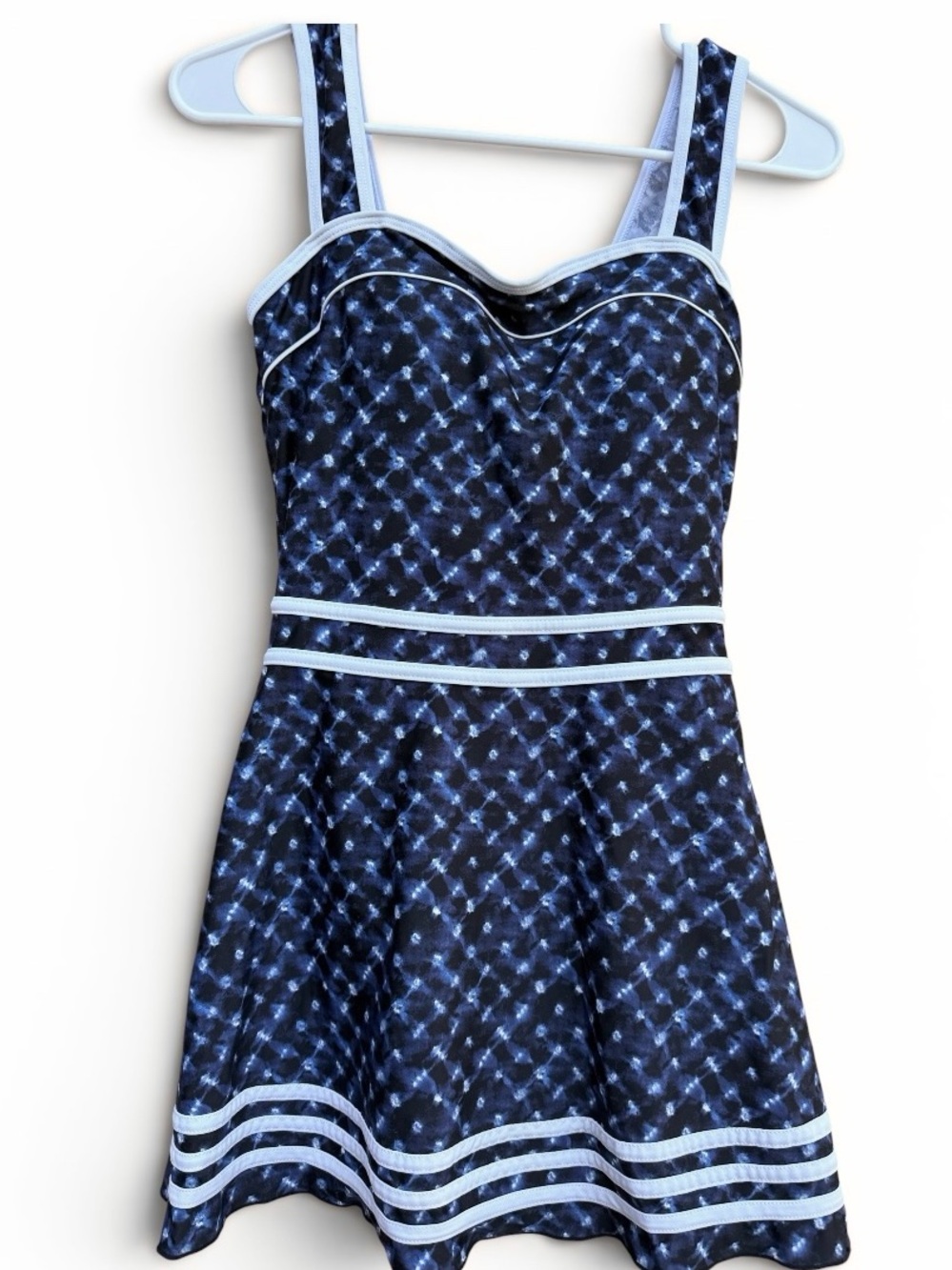 Navy Patterned One-Piece Swim Dress with Light Trim